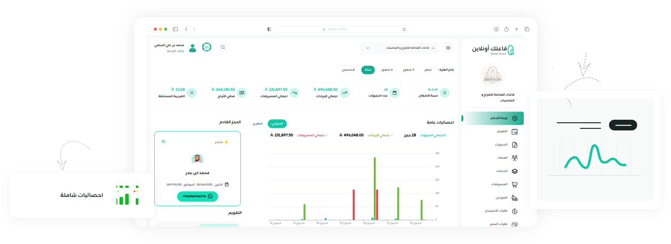 قاعتك أونلاين - لوحة التحكم الرئيسية | Qaatk.Online - Dashboard overview for wedding hall management system